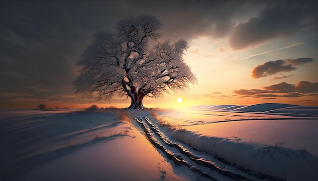 Un árbol en la nieve con el sol brillando sobre él.