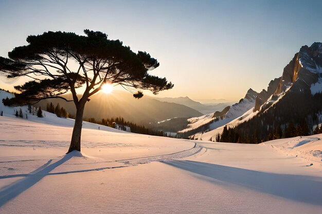 Un árbol en la nieve con el sol brillando a través de las nubes.