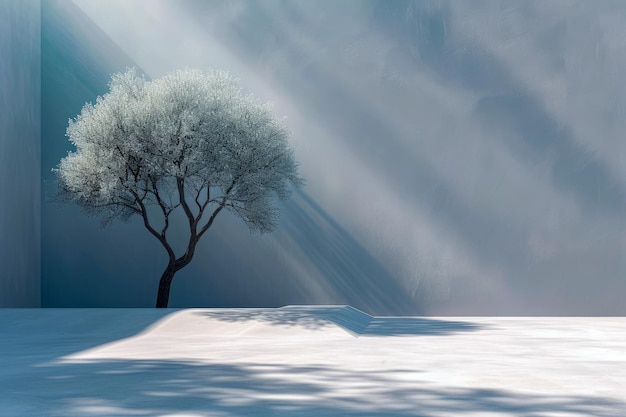 Árbol con nieve en sus ramas está de pie en el valle de la sombra y la luz