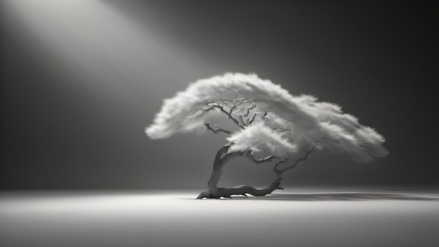 Un árbol con nubes que está en un cuarto oscuro