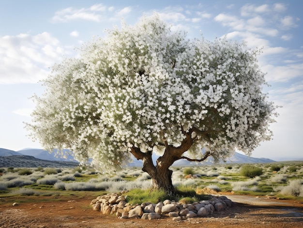 Foto Árbol de olivo en plena flor paz y prosperidad aislados en fondo blanco generado por ia