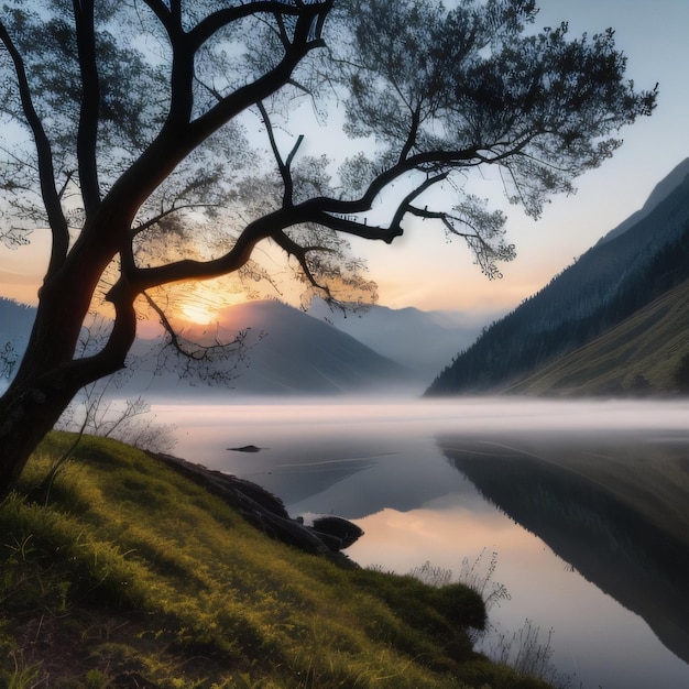 Un árbol en la orilla de un lago de montaña con la puesta de sol detrás de él.