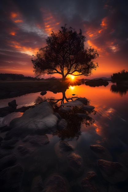 Un árbol en la orilla de un lago con la puesta de sol detrás de él.