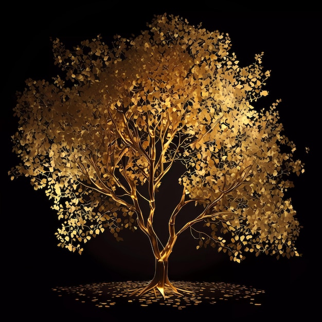 Un árbol de oro con hojas y la palabra oro en él.