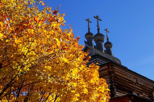 Foto Árbol de otoño con hojas de naranja con iglesia en el cielo azul