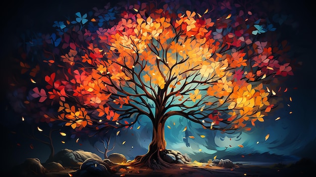 el árbol de otoño multicolor es un símbolo de la naturaleza en un fondo inusual logotipo de gráficos por computadora