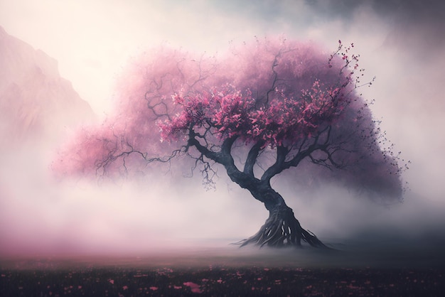 Un árbol en un paisaje brumoso con flores rosas.