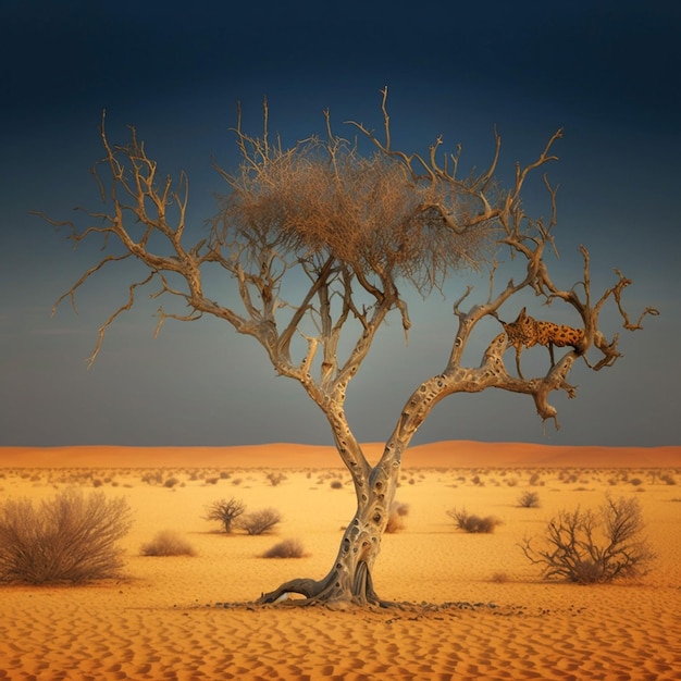 Un árbol con un pájaro en medio del desierto.