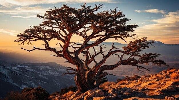 Foto un árbol con la palabra árbol en la cima de una montaña