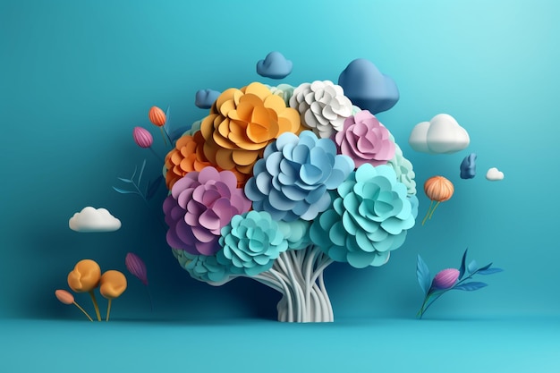 Un árbol de papel 3d con flores.