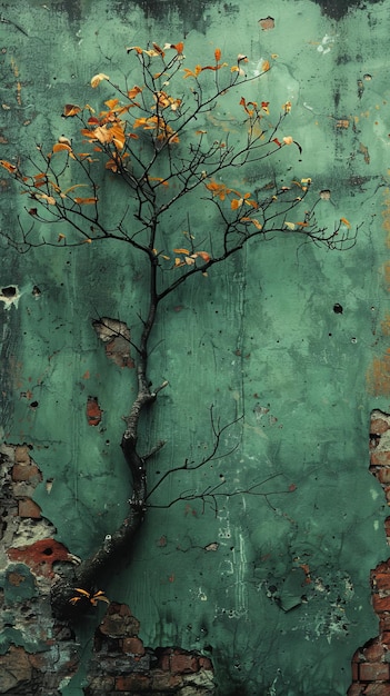 un árbol en una pared verde con un árbol creciendo fuera de él