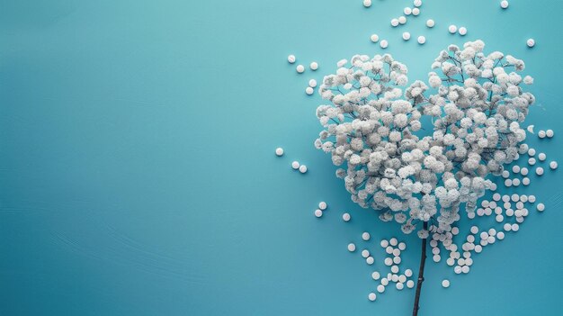 Foto un árbol de pastillas blancas en forma de corazón sobre un fondo azul claro