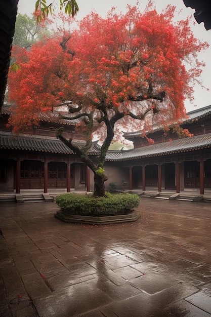 Un árbol en un patio con un árbol rojo en el medio.