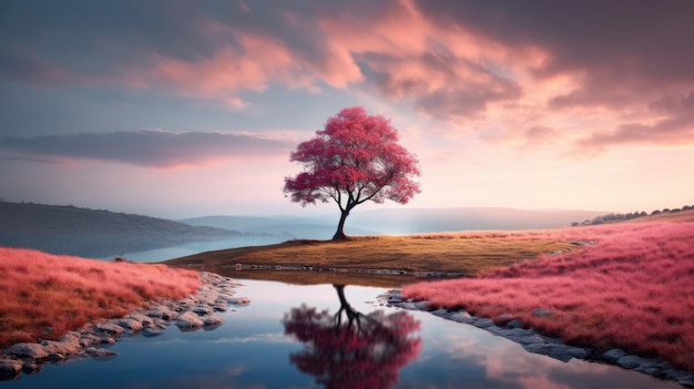 Un árbol en una pequeña isla con un lago al fondo.