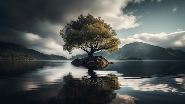 Un árbol en una pequeña isla en el lago.