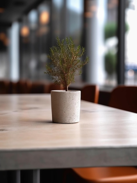 Un árbol pequeño en una olla sobre una mesa en un café