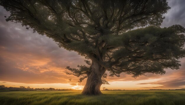 Foto un árbol está de pie en un campo con el sol poniéndose detrás de él