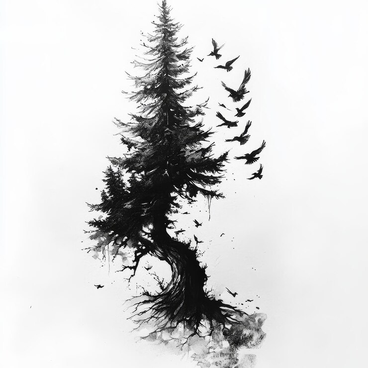 Foto árbol de pino en blanco y negro con pájaros voladores en fondo blanco