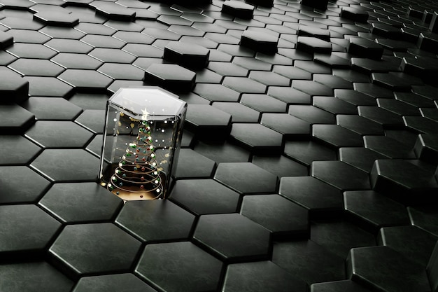 Árbol de pino de Navidad abstracto con renderizado 3d de fondo hexagonal