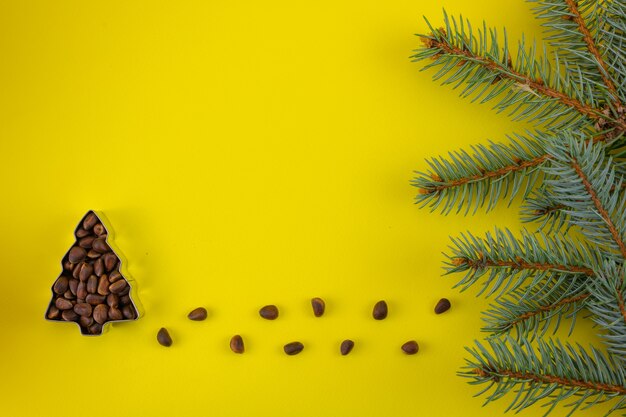 Un árbol de piñones sobre un fondo amarillo y una rama de Navidad con espacio de copia.