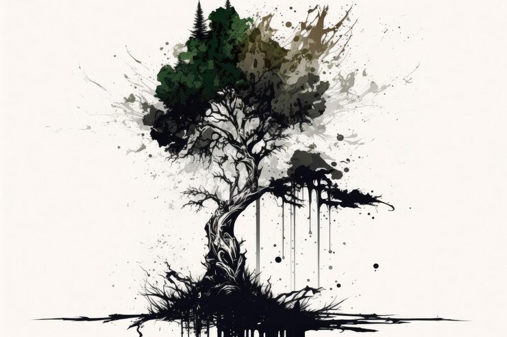 Foto árbol de pintura de tinta de estilo chino generado por ia