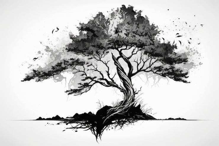 Foto árbol de pintura de tinta de estilo chino generado por ia