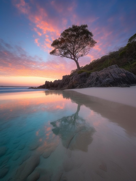 Un árbol en la playa al atardecer.