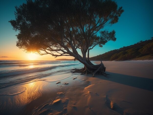 Un árbol en la playa al atardecer.