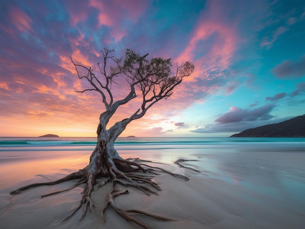 Un árbol en la playa al atardecer.