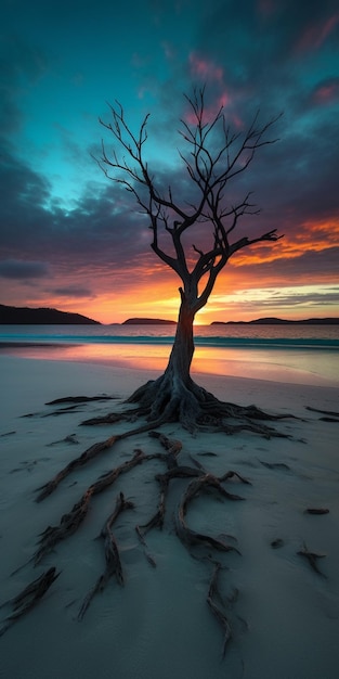 Un árbol en una playa con el cielo de fondo