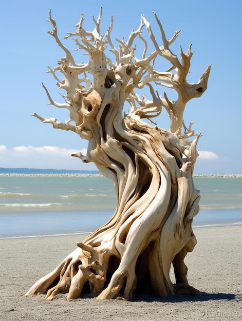 un árbol en la playa está cubierto de arena.