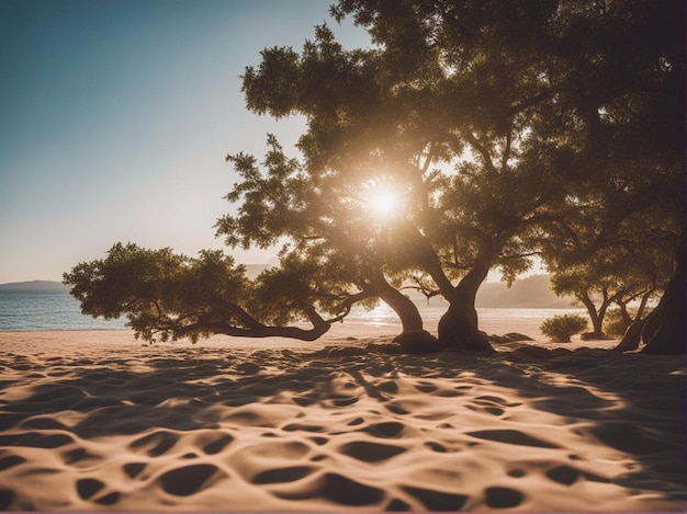 un árbol en la playa está perfilado por el sol.