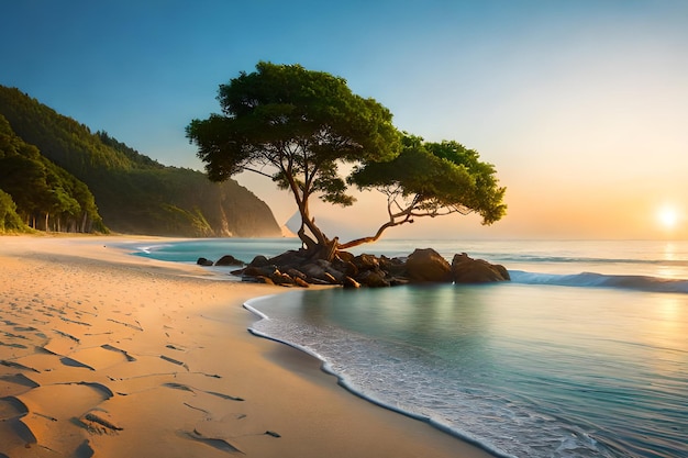 Un árbol en una playa con huellas en la arena.