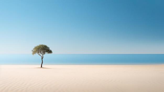 Un árbol en una playa con el mar azul de fondo