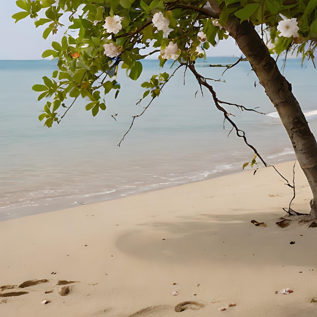 un árbol en una playa con el océano en el fondo