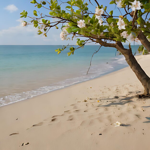 un árbol en una playa con el océano en el fondo