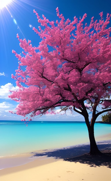 Un árbol en la playa con el sol brillando sobre él.