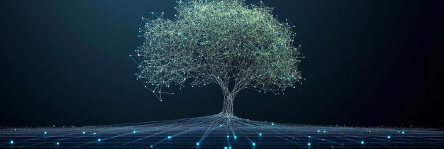 Árbol poligonal bajo resplandeciente abstracto en una cuadrícula de puntos resplandecientes telón de fondo azul profundo