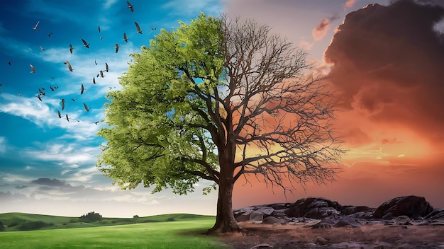 Un árbol en un prado verde limpia el aire con plantas y la contaminación del aire que afecta el cambio climático