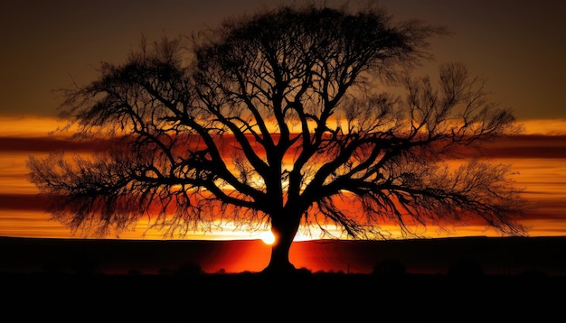 Un árbol con la puesta de sol detrás de él.