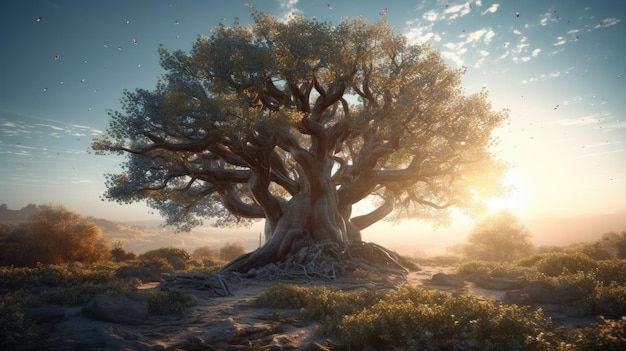 Un árbol con la puesta de sol detrás de él.