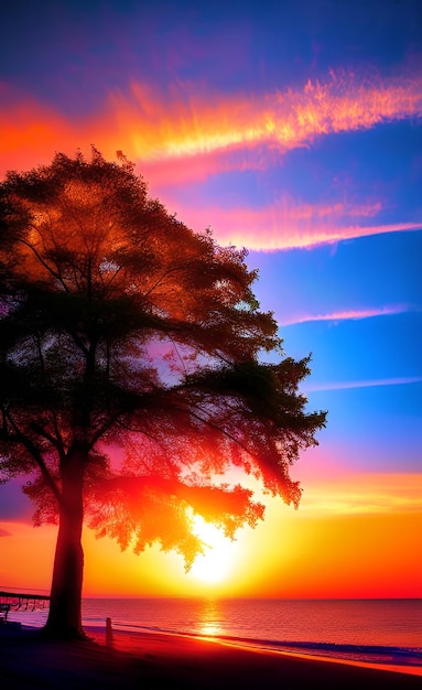 Foto un árbol en la puesta de sol con la puesta de sol detrás de él.