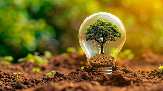 árbol que crece dentro de una bombilla iluminada Día de la Tierra o concepto de ahorro de energía y medio ambiente