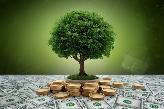 Foto Árbol que crece en dinero e informes financieros concepto de inversión