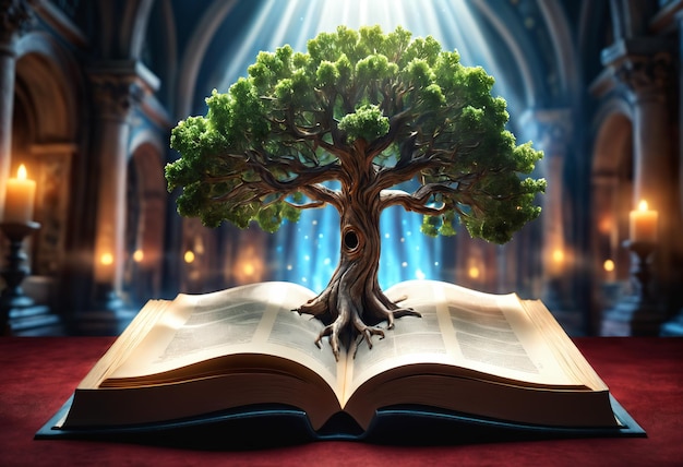 Foto Árbol que crece fuera del libro abierto ia generativa