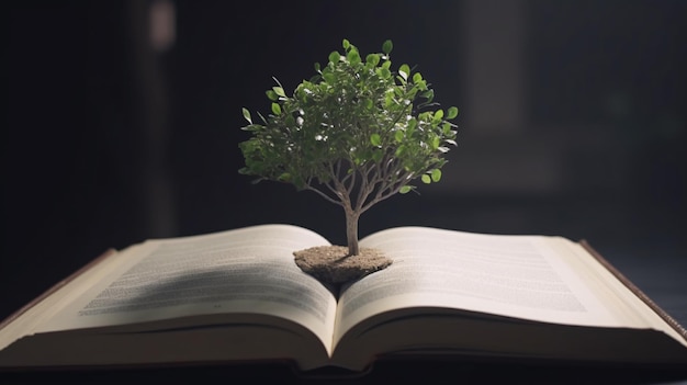 Un árbol que crece fuera de un libro abierto