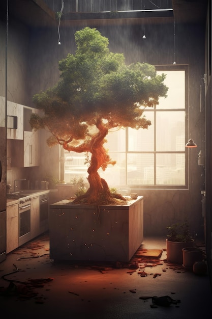Foto un árbol que crece en la pared de una cocina de fantasía