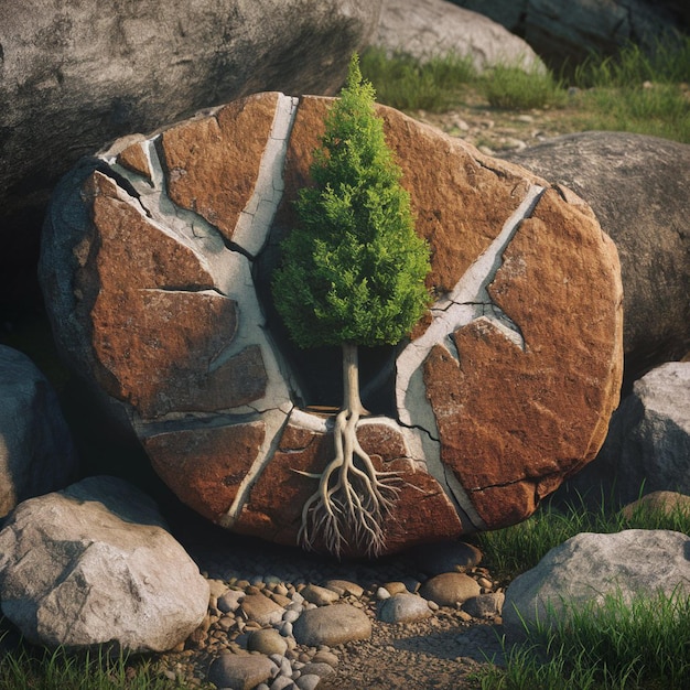 Foto un árbol que crece de una roca con raíces que crecen de ella