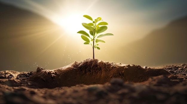 un árbol que crece en la tierra con un sol brillante detrás