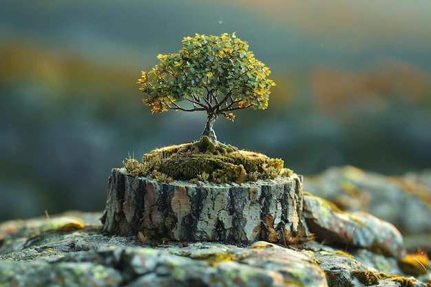 Un árbol que crece de un tronco de árbol está resaltado con bosque